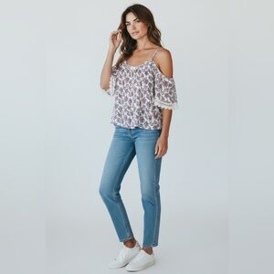 Everly Flora Cold Shoulder Blouse White Blue Size Large
